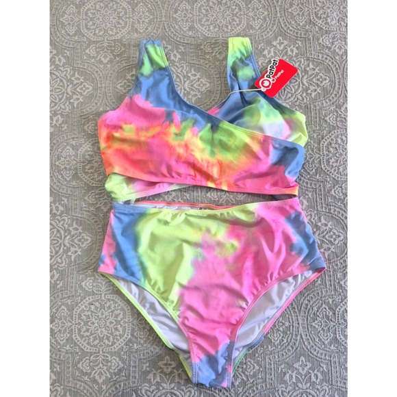 PatPat Other - PatPat Womens Tie Dye High Waisted Two Piece Swimsuit Neon Pink Blue XL NWT